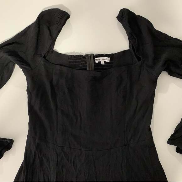 Reformation Sigmund Slit Cut Puff Shoulder Sleeve Square Neck Black Dress 12 - Picture 9 of 14